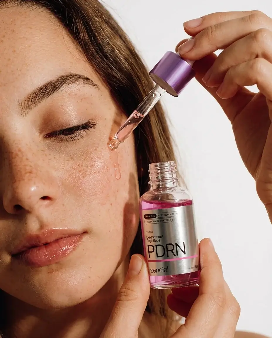 Sérum PDRN Zencial — mulher com sardas aplicando o produto no rosto com gotejador