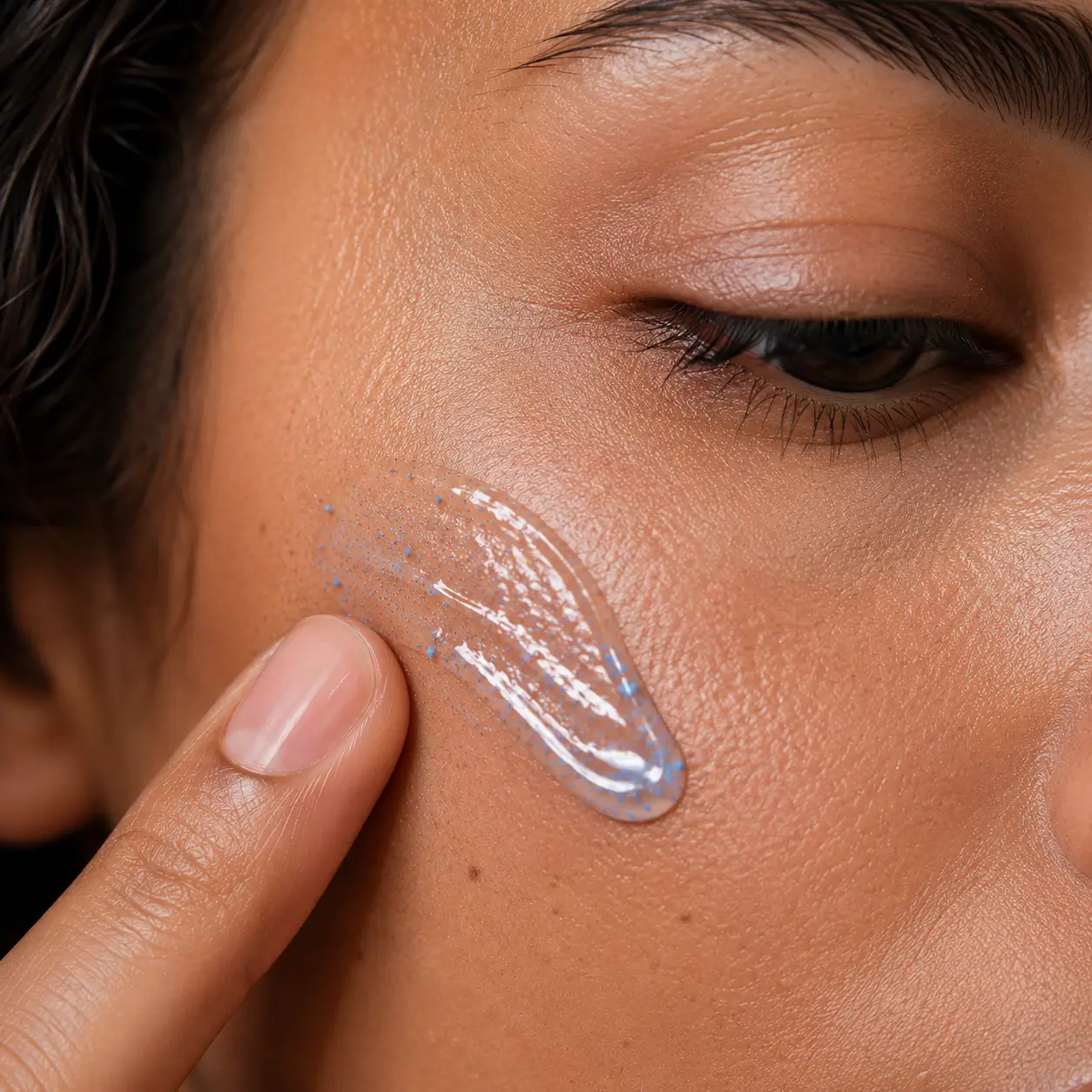 GHK-Cu aplicação macro — close da textura do sérum de peptídeo de cobre sendo espalhado na pele em luz natural