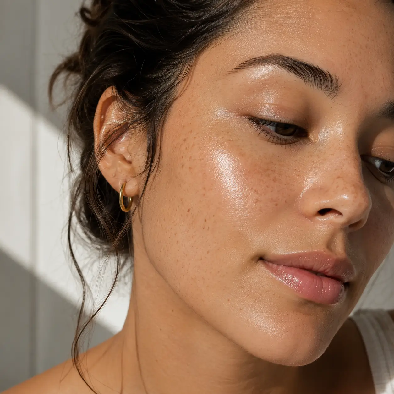 Skincare coreano peptídeos — pele com glass skin viçosa e glow natural resultado de skincare regenerativo