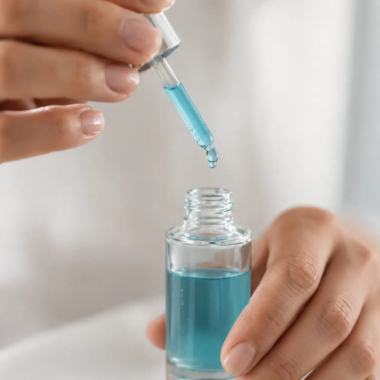 sérum gotejador aplicação — close das mãos de mulher segurando gotejador de sérum azul com gota caindo em formato quadrado