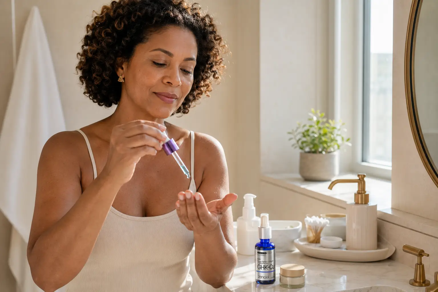 skincare pele madura 40 anos — mulher de 42 anos aplicando sérum peptídeo de cobre no rosto em banheiro moderno 3:2
