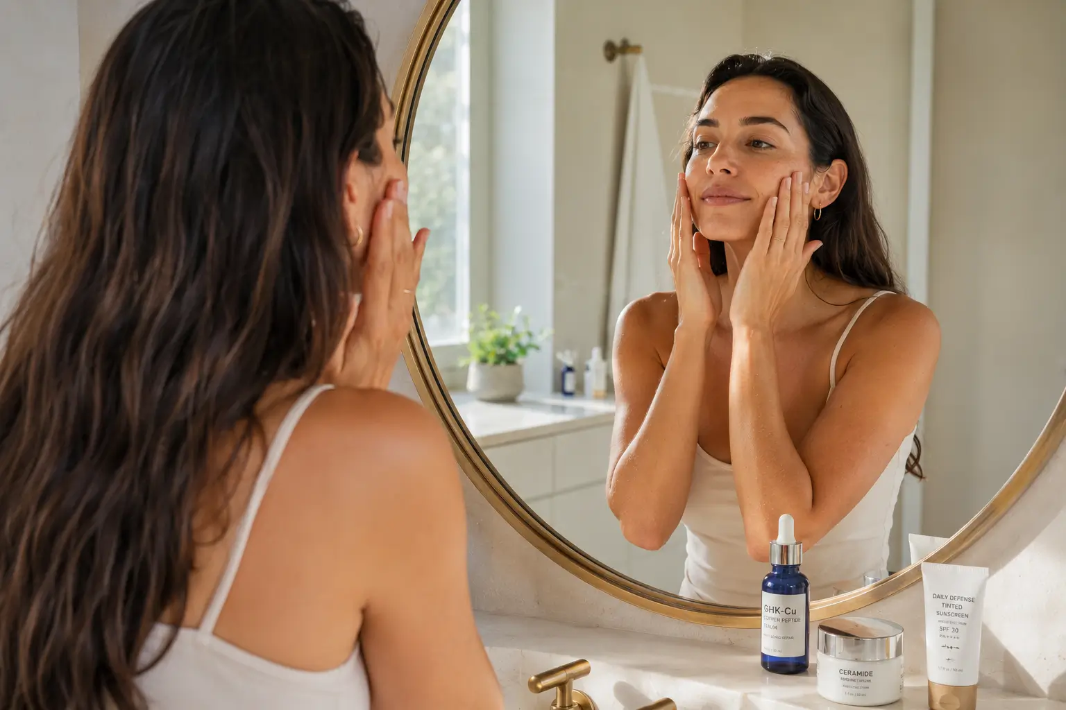 rotina skincare espelho — mulher de 30 anos aplicando sérum com peptídeo de cobre frente ao espelho pela manhã em 3:2