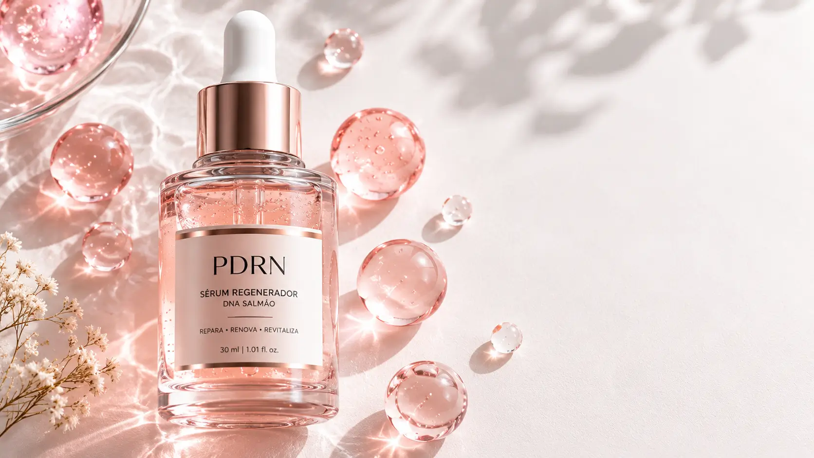 o que é PDRN skincare — frasco de sérum PDRN com bolhas rosê flutuantes em fundo creme suave