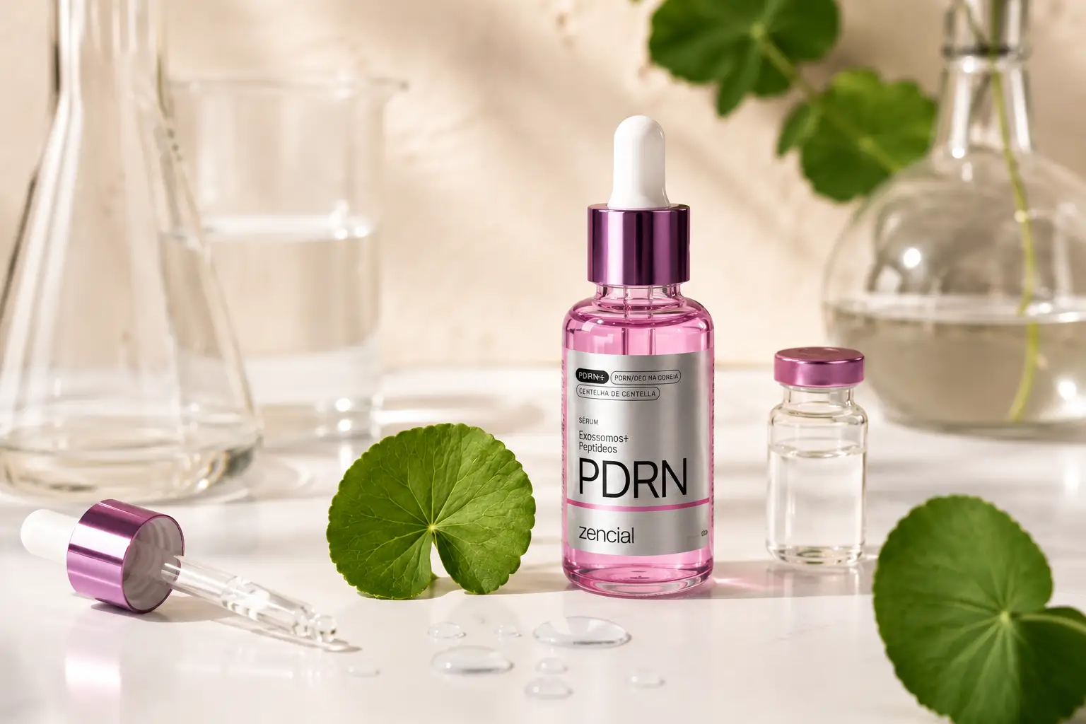 Peptídeos na skincare — frasco de sérum com vidraria científica ao fundo transmitindo credibilidade