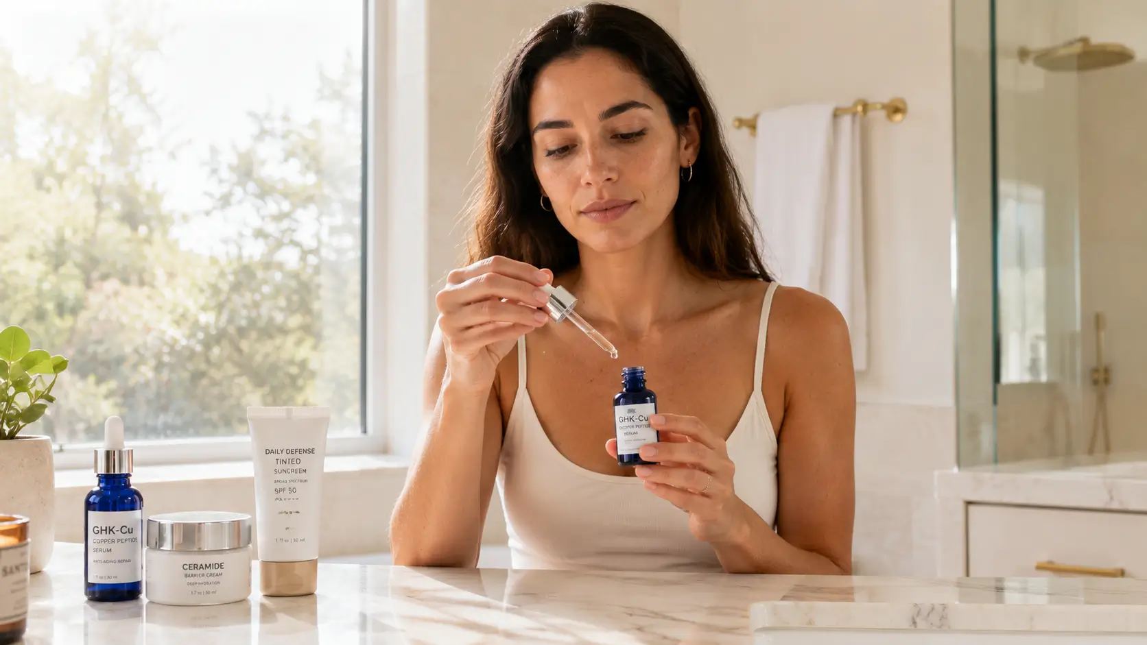 rotina skincare com peptídeos — mulher com sardas aplicando sérum em banheiro moderno com produtos organizados em formato 16:9