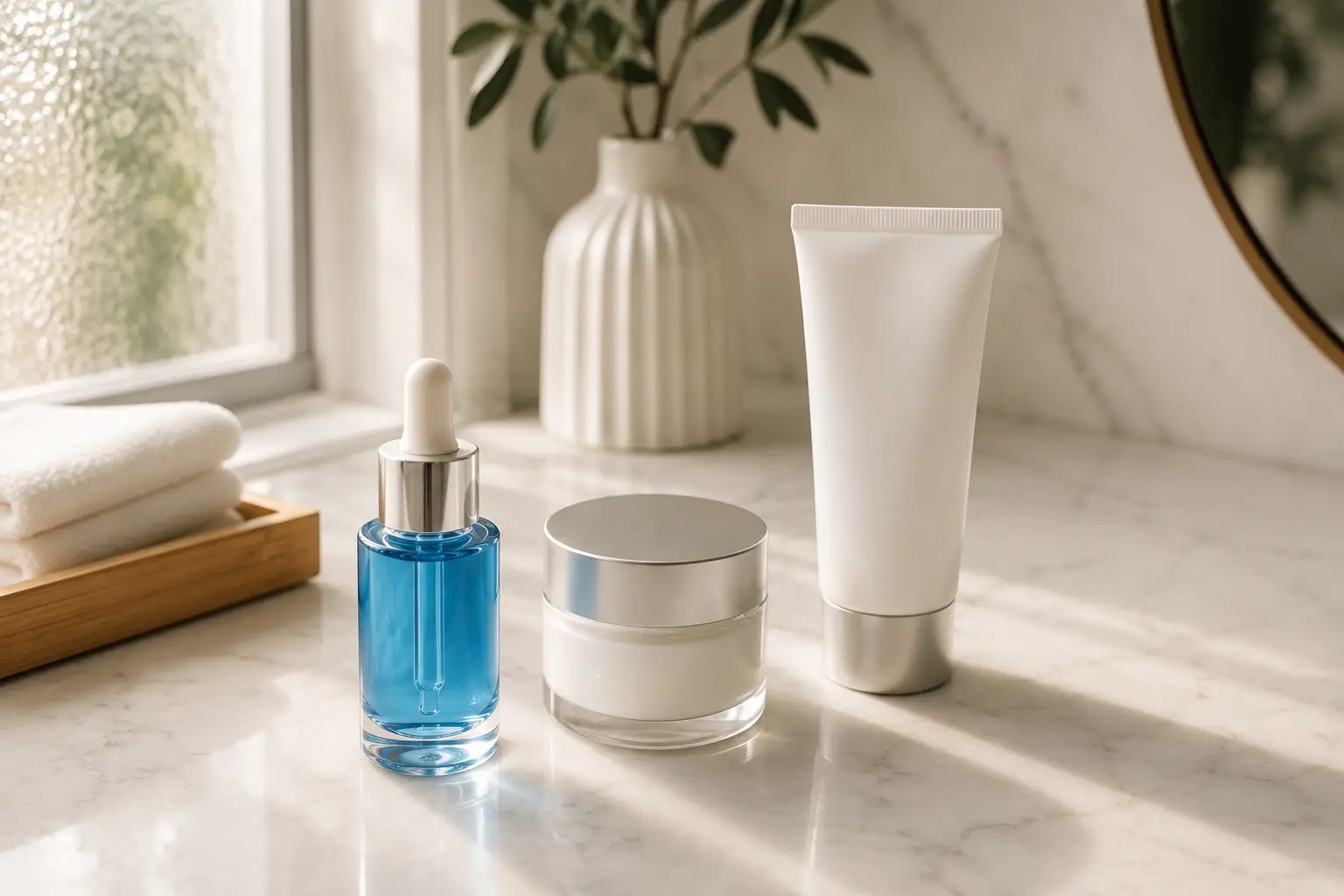 rotina skincare bancada — produtos organizados em bancada de banheiro com sérum de peptídeo de cobre em destaque horizontal