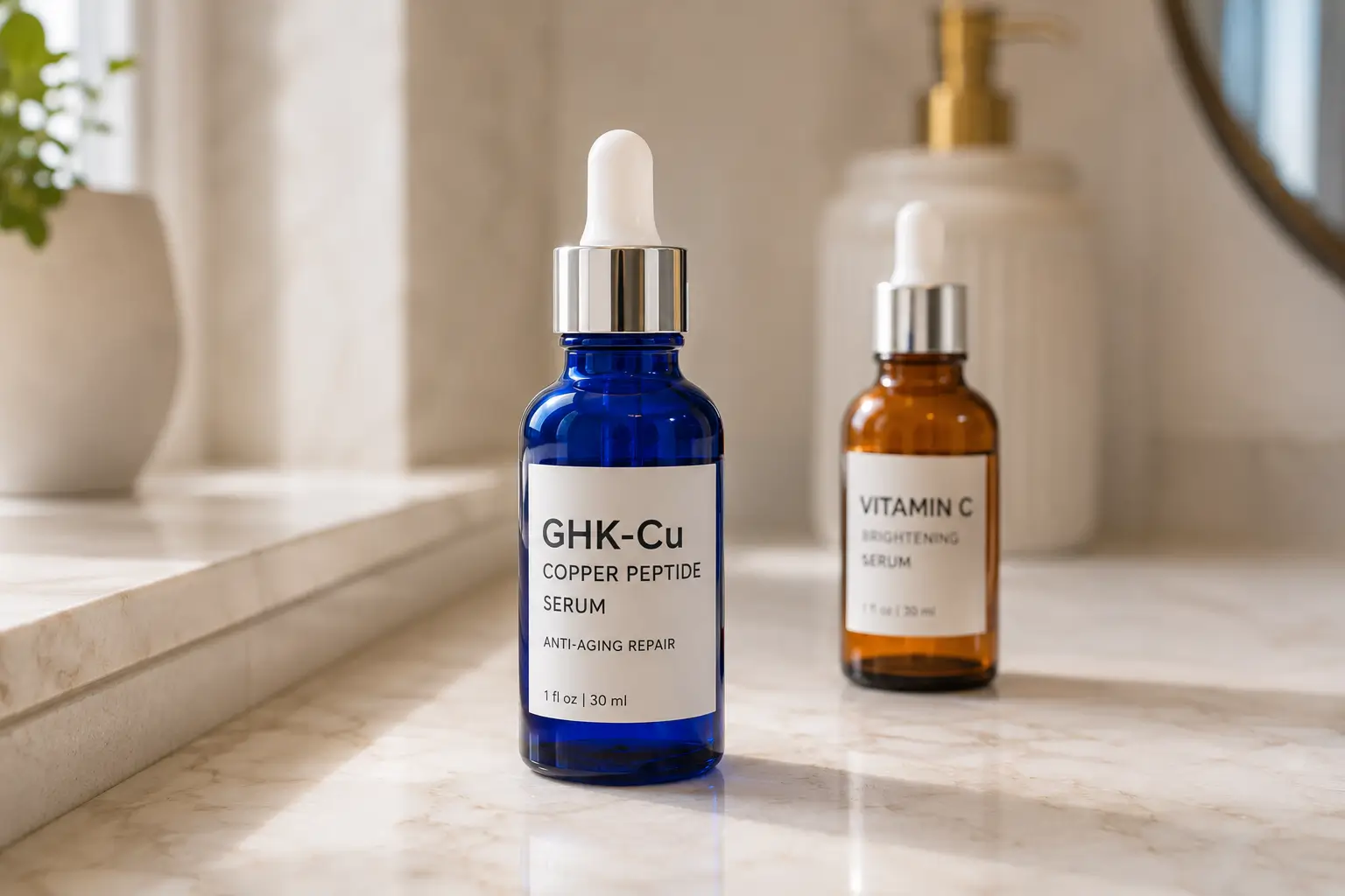 GHK-Cu vitamina C bancada — sérum peptídeo de cobre e vitamina C sobre bancada de banheiro com luz natural lateral 3:2