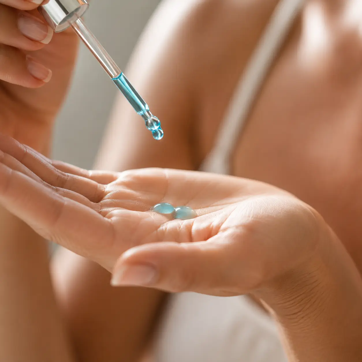sérum gotejador palma mão — close de gota de sérum azul sendo pingada na palma da mão antes da aplicação